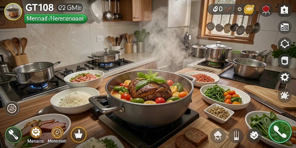 Screenshot utama GT108 menampilkan gameplay memasak yang menarik.