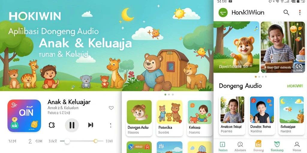 Antarmuka HOKIWIN yang ramah anak dengan pilihan cerita audio.