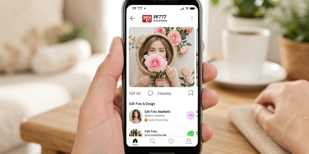 Screenshot antarmuka PF777 dengan fitur edit foto aesthetic.